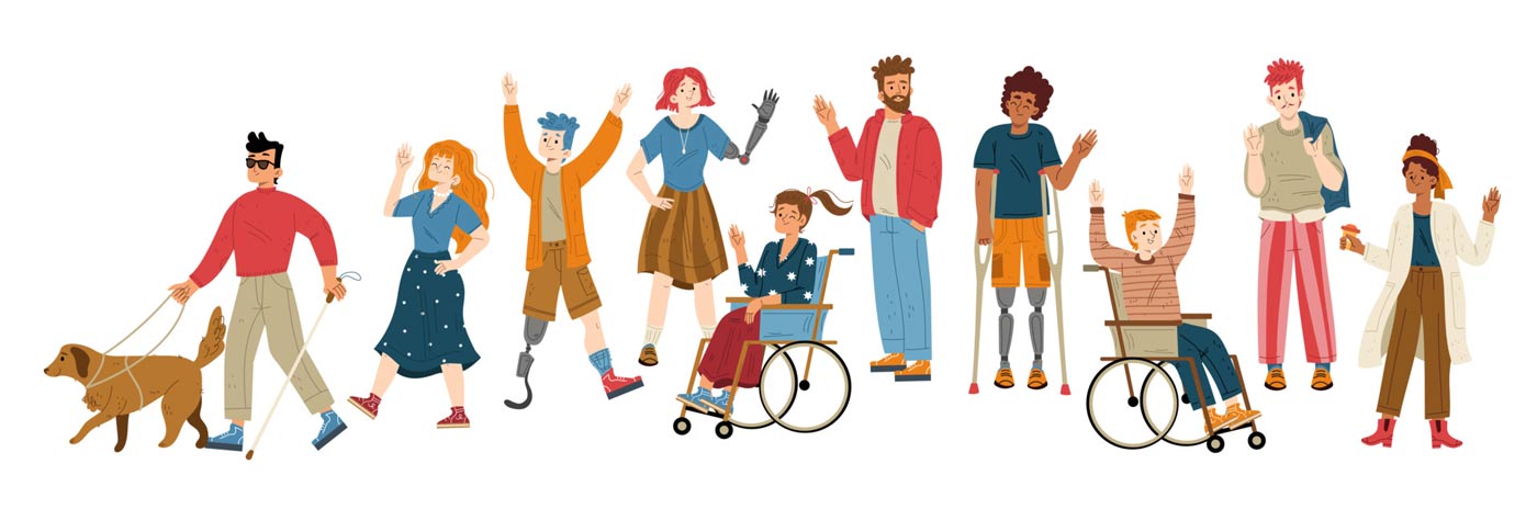 People with varying visible and invisible disabilities shown as an illustrated image (image from Vecteezy.com)